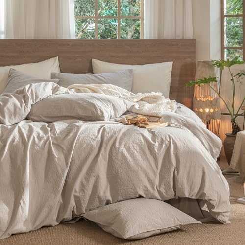 MooMee Wavy Striped Duvet Cover Set 100% Washed Cotton Linen Like Textured Breathable Durable Soft Comfy (Beige, Alaska King 132"x120") - Image 6