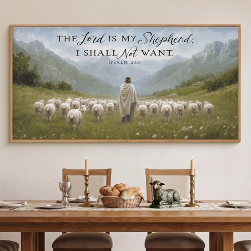 LHIUEM Large Christian Bible Verse Framed Canvas Wall Art,Jesus with Lamb Wall Decor,Vintage Religious Art Prints,Faith Scripture Landscape Artwork for Living Room,Prayer Room,Church -20"x40"x1 - Image 3