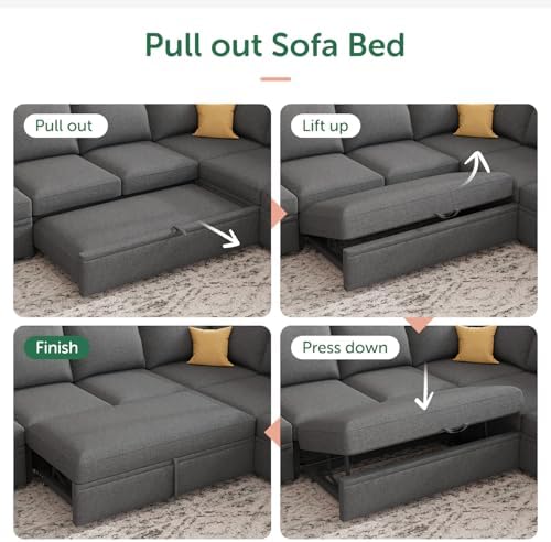 HONBAY Modular Sectional Sleeper Sofa Bed, with Pull Out Bed, Linen Convertible Sectional Couches for Living Room - Dark Grey - Image 5
