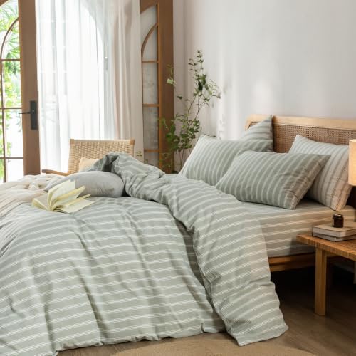 BESTOUCH Striped Cotton Duvet Cover Set Linen Feel Super Queen - Image 4
