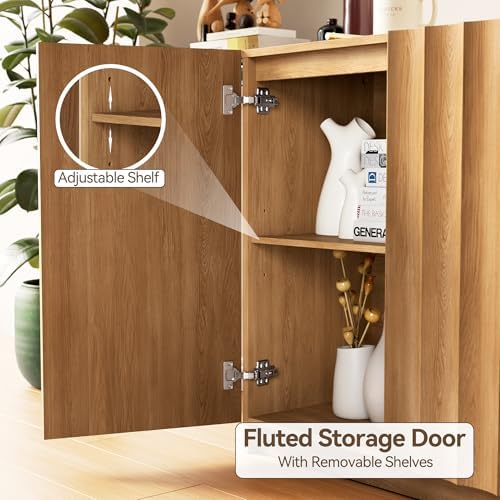 Modern Buffet Cabinet with Storage, 31.5" Wide Fluted Arched Sideboard Cabinets with Adjustable Shelves, Wooden Modular Coffee Bar for Dining Room, Kitchen, Living Room, Entryway, Natural - Image 3