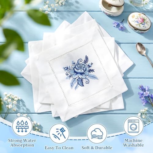 LemonRoad 6 Pcs Linen Cocktail Napkins Blue Floral Cloth Napkins Gifts for Women Embroidered Blue Floral Cotton Hemstitched Coasters for Wedding Tea Party Dining Table Decor, Washable, 6 x 6 Inch - Image 3
