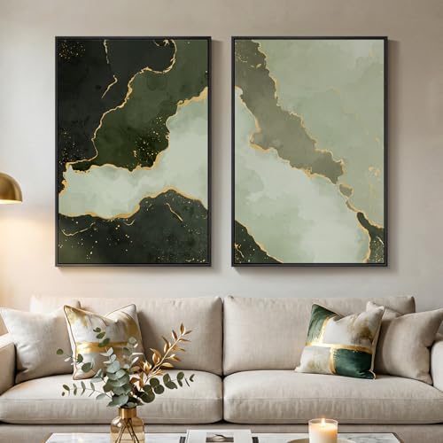 Large Framed Green Gold Abstract Wall Art for Living Room Set of 2, 24x36 by Cuspin