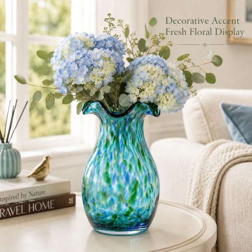 10.6in Hand Blown Blue Glass Vase – Wide Mouth Murano Bubble Art Glass Vase, Cobalt Blue Flower Vase for Coastal, Vintage, Colorful Home Decor, Vase Gift for Mom or Display (Green) - Image 7