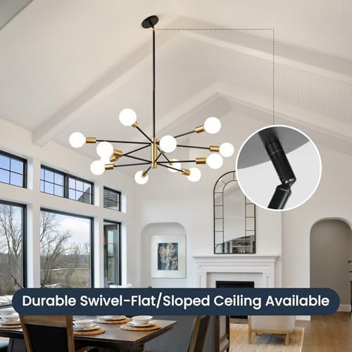 RUIYEY Modern Chandelier Ceiling Light Fixture - 33.4" 12-Light Gold and Black Sputnik Chandeliers, Height Adjustable Industrial Farmhouse Pendant Lighting for Dining Room, Living Room, Kitchen Island - Image 4