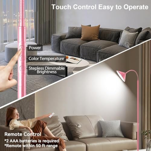 Yikuneng Dimmable LED Floor Lamp, Super Bright Reading Lamps Floor Standing lamp with Remote & Touch Control, Stepless Dimming & 2700K-6500K Color Temperature, for Living Room Bedroom Office, Pink - Image 4