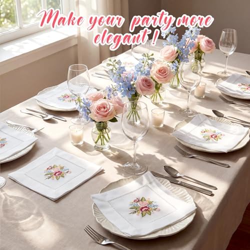 LemonRoad Embroidered White Linen Cocktail Napkin 6x6 Inch Floral Napkin Coasters Set of 6 Cloth Cocktail Washable Linen Hemstitch for Tea Party Cottagecore Bridal Shower Gift Wedding Decoration - Image 4