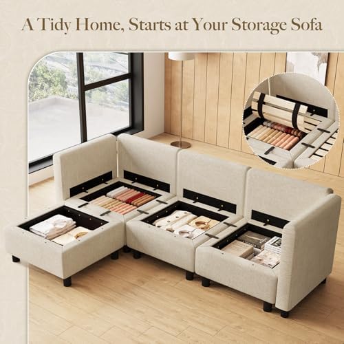 Belffin 84.3" 4 Seats L Shaped Couch Modular Sectional Sofa Washable Sectional Couches for Living Room Comfy Couches with Storage Seat Couch Sofas with Chaise,Beige - Image 3