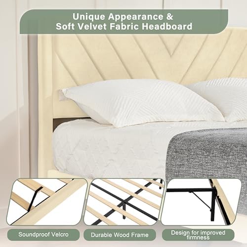 Queen Size Platform Bed Frame with Velvet Headboard, Wing Edge, Sturdy Wooden Slats, Noise-Free, No Box Spring Needed, Easy Assembly, Beige - Image 6