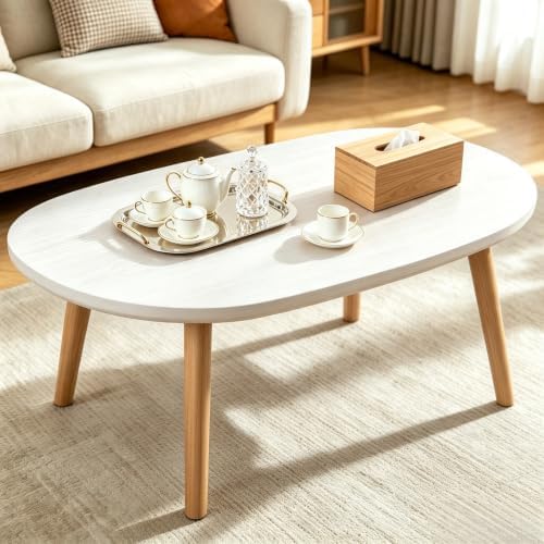 Coffee Table Low Table with Solid Wood Legs, 31.5x19.7 Large Coffee Table Side Table, Floor Table Desk for Sitting on The Floor, Living Room Furniture for Office Apartment Home, Oval White by FURMORENE