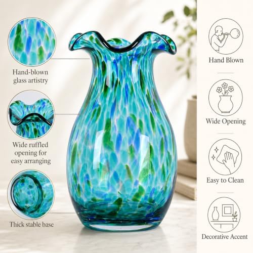 10.6in Hand Blown Blue Glass Vase – Wide Mouth Murano Bubble Art Glass Vase, Cobalt Blue Flower Vase for Coastal, Vintage, Colorful Home Decor, Vase Gift for Mom or Display (Green) - Image 5