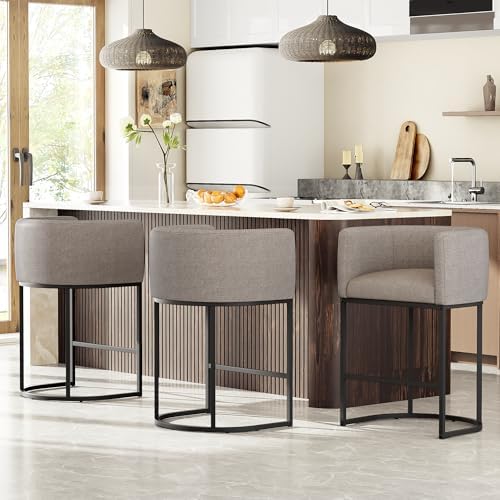 26" H Counter Height Bar Stools Set of 3, Modern Barrel Counter Stools with Backrest and Arms, Linen Fabric Upholstered Accent Barstools for Kitchen Island,Support 450 LBS (Sand) by VATROS