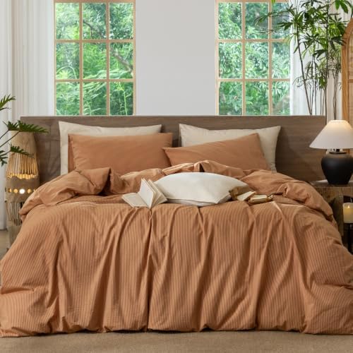 MooMee Striped Duvet Cover Set 100% Washed Cotton Linen Like Queen by MOOMEE