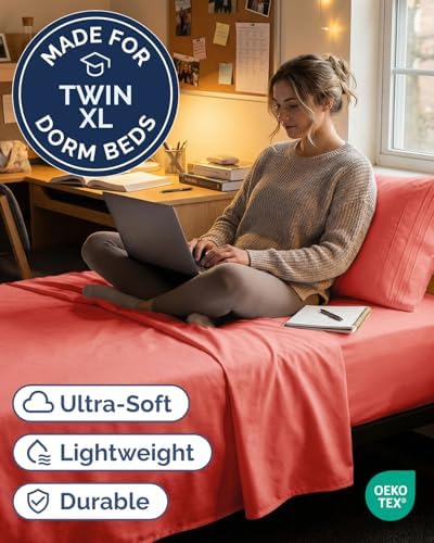 Twin XL 3 Piece Sheet Set - College Dorm Room Essentials - Coral - Image 2