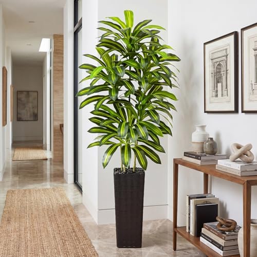 Artificial Dracaena Tree Indoor, 7FT Tall Fake Floor Plants with Black Planter & Pebbles, Faux Silk Yucca Tree for Home Office Living Room Bedroom Farmhouse Modern Outdoor Topiary Tree - Image 2