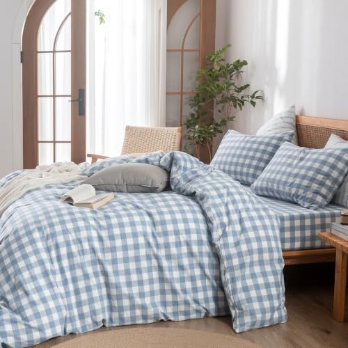 BESTOUCH Gingham Cotton Duvet Cover Set Cornflower Blue California King - Image 4