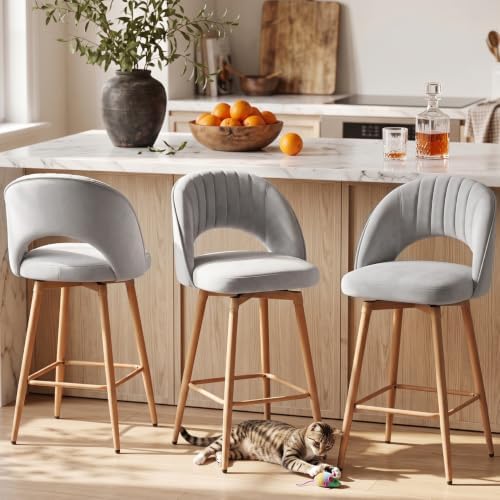 Swivel Bar Stools Set of 3, Counter Height Barstools for Kitchen Island, 26" Seat Height Bar Chairs for Dining Room, Velvet Upholstered Bar Stool with Back and Footrest, Gray by KRAMZMINGQualityHome