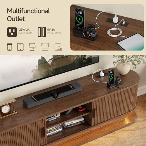 ONBRILL 70" TV Stand up to 80 Inch with LED Lights and Power Outlet, Walnut - Image 5