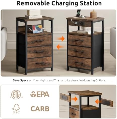 Lazzanto Night Stand with Charger Station, 3 Fabric Drawers, Brown - Image 4