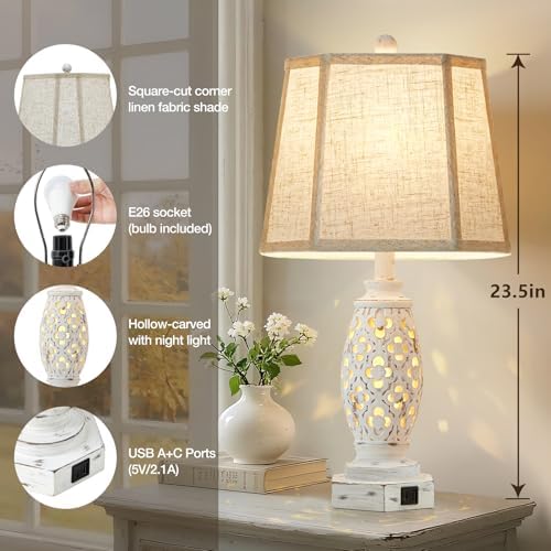 Lamps for Night Stands Set of 2-23.5" Bedside Lamp with USB A+C and Nightlight - Rustic Farmhouse Table Lamp for Bedrooms, End Tables, Living Room - French Country Decor, Bulbs Included, Cream - Image 6
