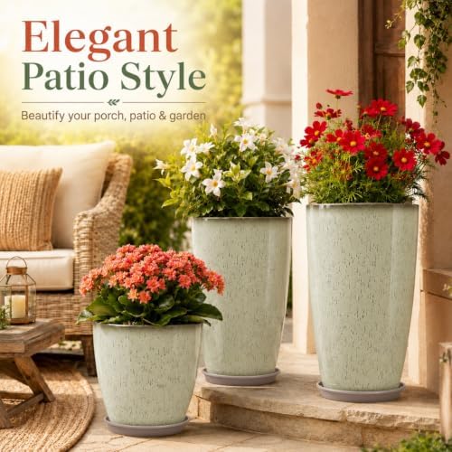 Neoaider Set of 3 Tall Planter, 24/21/12in Large Plastic Planter, DripGlaze - Image 5