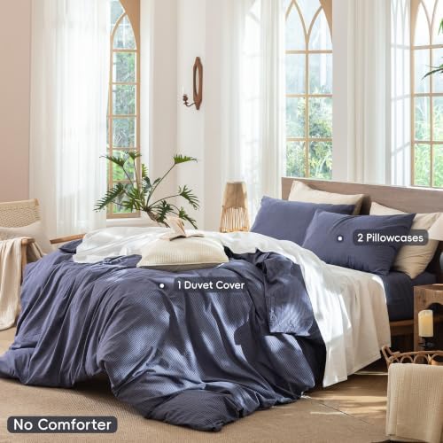MooMee Striped Duvet Cover Set 100% Washed Cotton Linen Like Queen - Image 2
