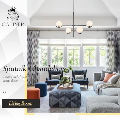 CATINER Modern 31" 4-Light Black Sputnik Chandelier with Milk Glass Globe - Image 6