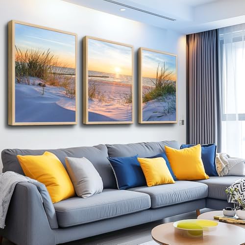 Natural Wood Framed Wall Art for Living Room and Bedroom - Large Size Sun Blue Beach Pictures - Office and Home Decor - Ocean Paintings Set of 3 Piece Framed Art Prints by MHARTK66