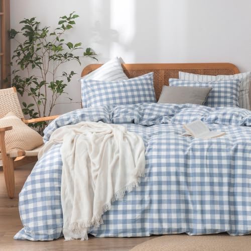 BESTOUCH Gingham Cotton Duvet Cover Set Cornflower Blue California King by BESTOUCH