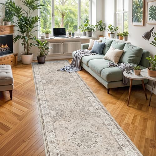 Washable 3x12 Hallway Runner Rug: Vintage Non Slip Soft Rug for Entryway Kitchen Living Room Low-Pile Water Resistant Carpet for Bathroom Nursery Thin Floor Mat for Bedroom Dining Room(Beige,3x12) - Image 5