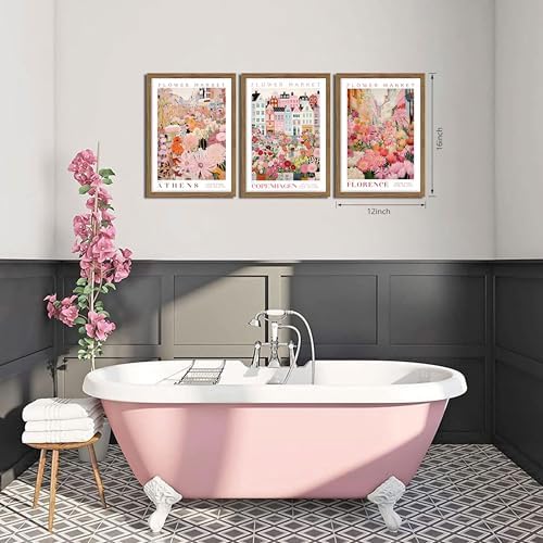 Floral Wall Art Set of 3, Colorful Flower Market Canvas Wall Decor Paintings, Pink Wildflower Botanical Posters Prints Pictures Artwork for Bedroom Living Room 12x16 Inch Wood Framed - Image 4