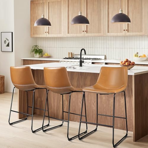 Waleaf 26 Inch Counter Height Bar Stools Set of 3, Faux Leather Bar Chairs by Waleaf