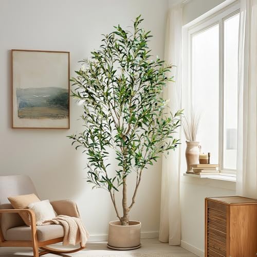 6FT Artificial Olive Tree with Realistic Leaves & Natural Trunk, Faux Silk Olive Plant in White Planter, Tall Fake Tree for Modern Home Office Living Room Entryway Corner Decor, Maintenance Free - Image 2