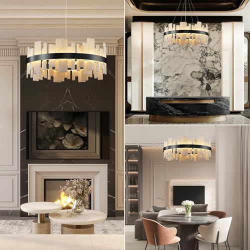Alabaster Round Chandelier,Adjustable 31.5in Modern Luxury Round Fixture with Organic Veins, Dimmable Warm Glow - Spanish Natural Stone Linear Chandelier for Living Room, Bedroom, Foyer,Dining Room - Image 5