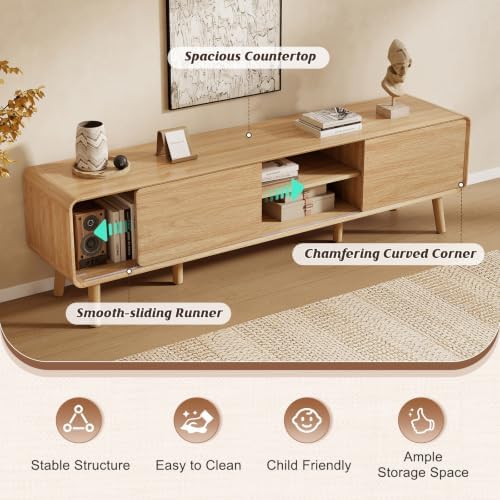 Nasonet 70" Mid Century Modern TV Stand for Tvs up to 80", Entertainment Center with Storage, Sideboard Media Console for Living Room with 2 Sliding Door/Adjustable Shelves, Oak - Image 3