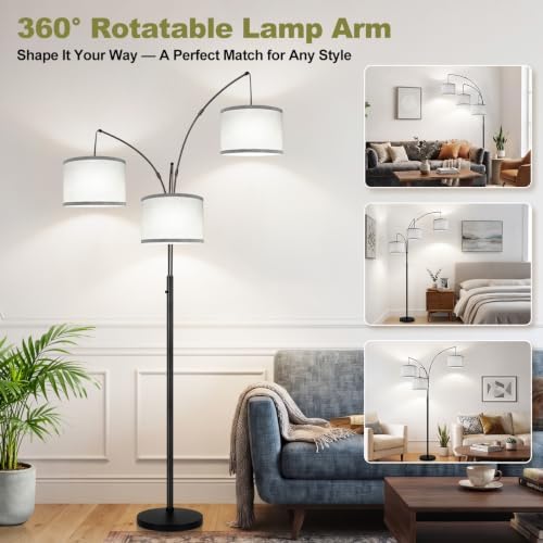 Dimmable Floor Lamp - 3 Lights Arc Floor Lamps for Living Room, 1000LM Modern Tall Standing Lamp With Gray Shades & Heavy Base, Mid Century Tree Floor Lamp for Bedroom Office, 3 LED Bulbs Included - Image 5