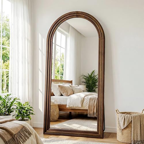 30"x71" Full Length Mirror Solid Wood Frame, Arched Floor Mirror Full Length with Stand, Room Decor Big Full Body Mirror with HD Tempered Glass for Bedroom, Living Room, Walnut Wood by WISSMIELSHOME
