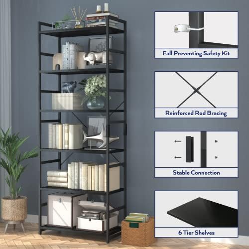 NUMENN 6 Tier Bookshelf, Tall Freestanding Open Storage Bookcase, Black - Image 6