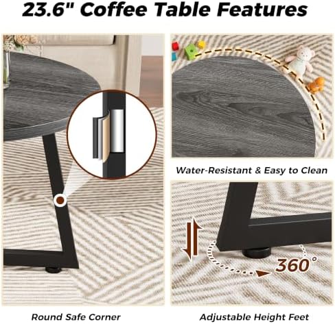 Coffee Table, 23.6" Round Coffee Tables for Living Room, Gray Coffee Table - Image 6