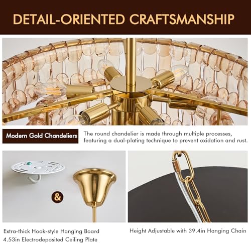 23in Large Chandelier Gold, Modern Dining Room Light Fixtures, 3 Layer Luxury Glass Chandelier 9 Light Chandeliers for Dining Room Kitchen Island Living Room (Gold) - Image 3