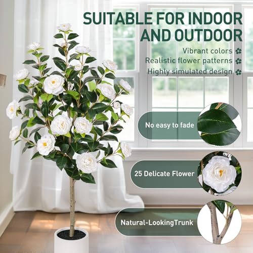 Yepdin 47 inch Artificial Camellia Tree with White Flower Pots -2 Pack White Fake Tree,4 Ft Faux Plants Indoor wich Blooming,Artificial Plants for Indoor & Outdoor Home Front Door Decor - Image 5