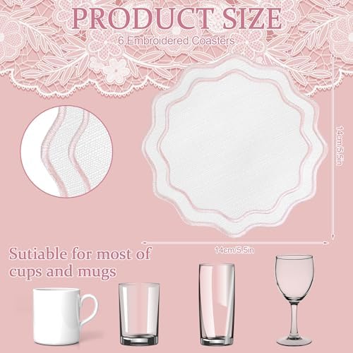 Set of 6 Pink Cotton Linen Coasters 5.5 Inch Embroidery Scalloped Coasters Floral Drink Mats for Table Decor Washable Fabric Cup Mats for Wedding Tea Party Festival Spring Holiday Entertaining - Image 2
