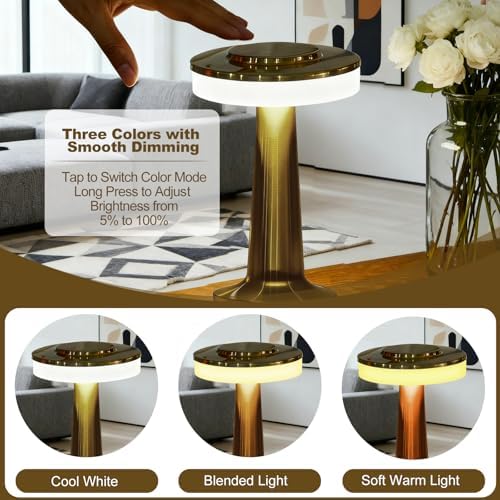 16 Pcs Gold Cordless Table Lamps with Touch Sensor Portable 3 Color Dimming up LED Table Lamp 15 Hours Rechargeable Battery Desk Light for Living Room Nursery Restaurant - Image 4
