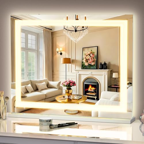 FENCHILIN Vanity Mirror with Lights, 22" x 19" Backlit + Front Lit Hollywood Makeup Mirror LED Strip with 3 Colors Modes Smart Touch for Dressing Room & Bedroom White by Fenchilin