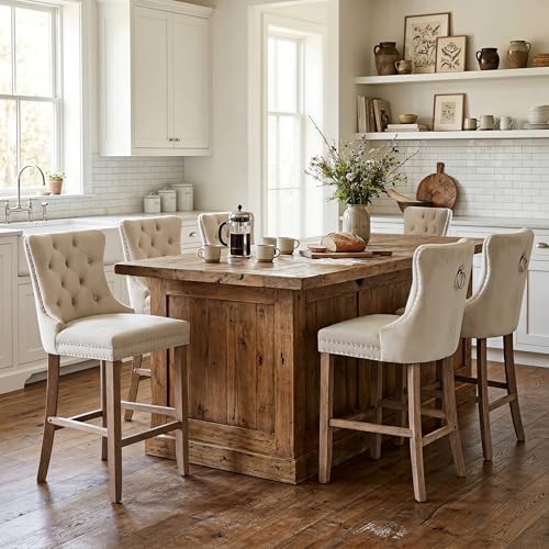 SoarFlash Modern Velvet Upholstered Bar Stools Set of 6 with Wood Legs, Button Tufted,Chrome Nailhead, Counterstool Seat, Armless Bar Chairs (Beige) by SoarFlash