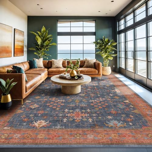 Boho Navy Blue 10x12 Area Rug for Living Room, Extra Large Dining Room Rugs for Under Table, Soft Low Pile Carpet for Bedroom - Vintage Floral Rug, Non-Slip, Lightweight & Stain Resistance by HazoHaus