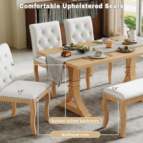 LUMISOL 6-Piece Dining Table Set with Bench, Farmhouse Kitchen Table Set with 4 Upholstered Button Tufted Chairs, Nailhead Trim & Curved Wood Legs, Natural - Image 6
