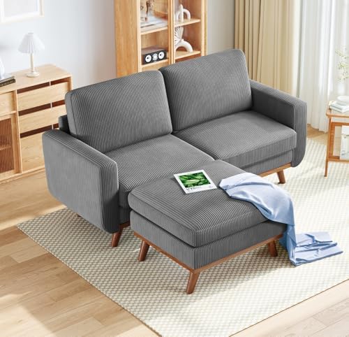 Vesgantti 68" Loveseat Sofa with Movable Ottoman, Comfy Corduroy Couch with Spring Cushion, Sofa Couch with Solid Wood, Modern Office Sofa with Deep Seat for Living Room and Bedroom, Dark Gray by Vesgantti