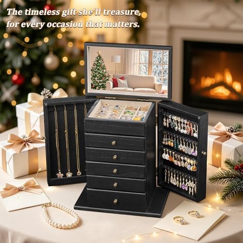 Emfogo Wooden Jewelry Box for Women, 6-Tier Large Jewelry Organizer Boxes with Mirror Rustic Solid Wood jewlery Storage for Rings Earrings Necklaces Bracelets watches(Black) - Image 5