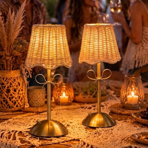 12 Inch Rattan Cordless Table Lamp, Bow, Gold, 2 Pack - Image 5